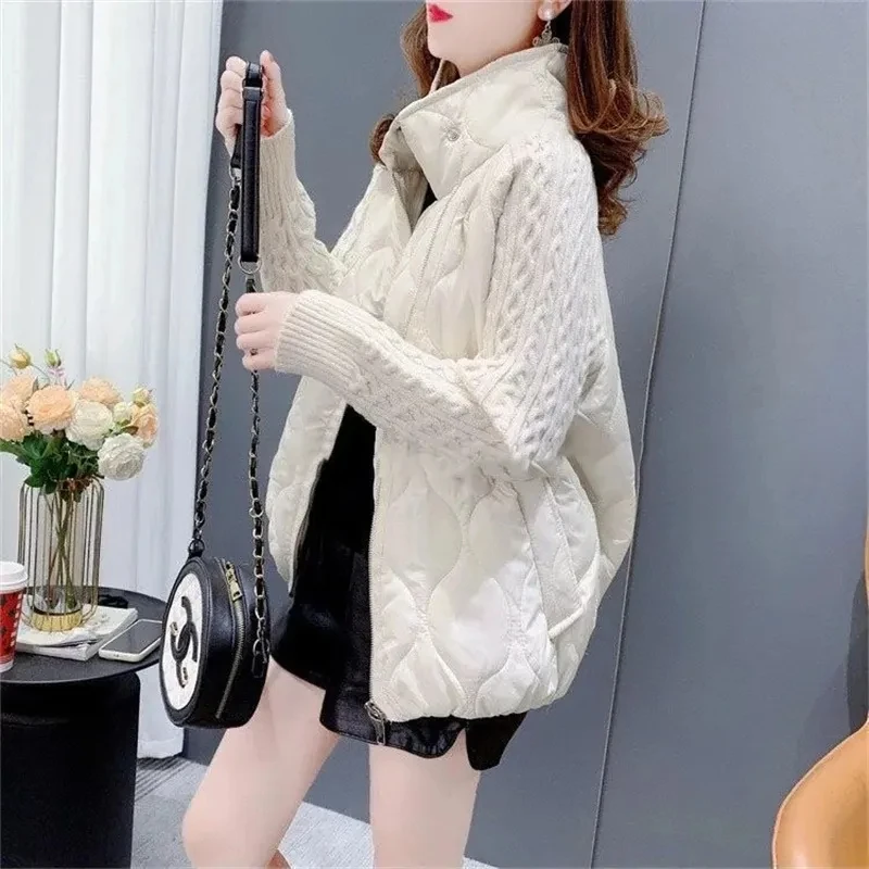 Women Standing Collar sweater Patchwork Down cotton coat Female Autumn Winter 2023 New Loose Design Cardigan Outcoat Top Ladies