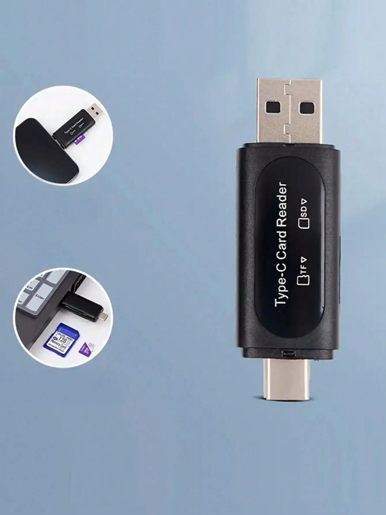 Pembaca Kartu Mini SD USB 4-in-1 dengan Slot Kartu Ganda - Adaptor Tipe C/USB A untuk PC, Galaxy, Tablet & Lainnya - Tidak Perlu Baterai, Me