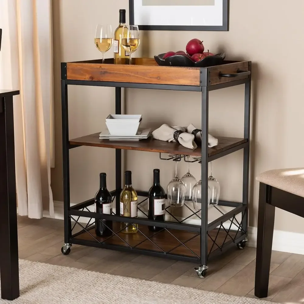 32.6-inch High Industrial Style Rolling Kitchen Island Wine Cart, Fir Wood Mobile Metal Bar Cart with Glass Rack