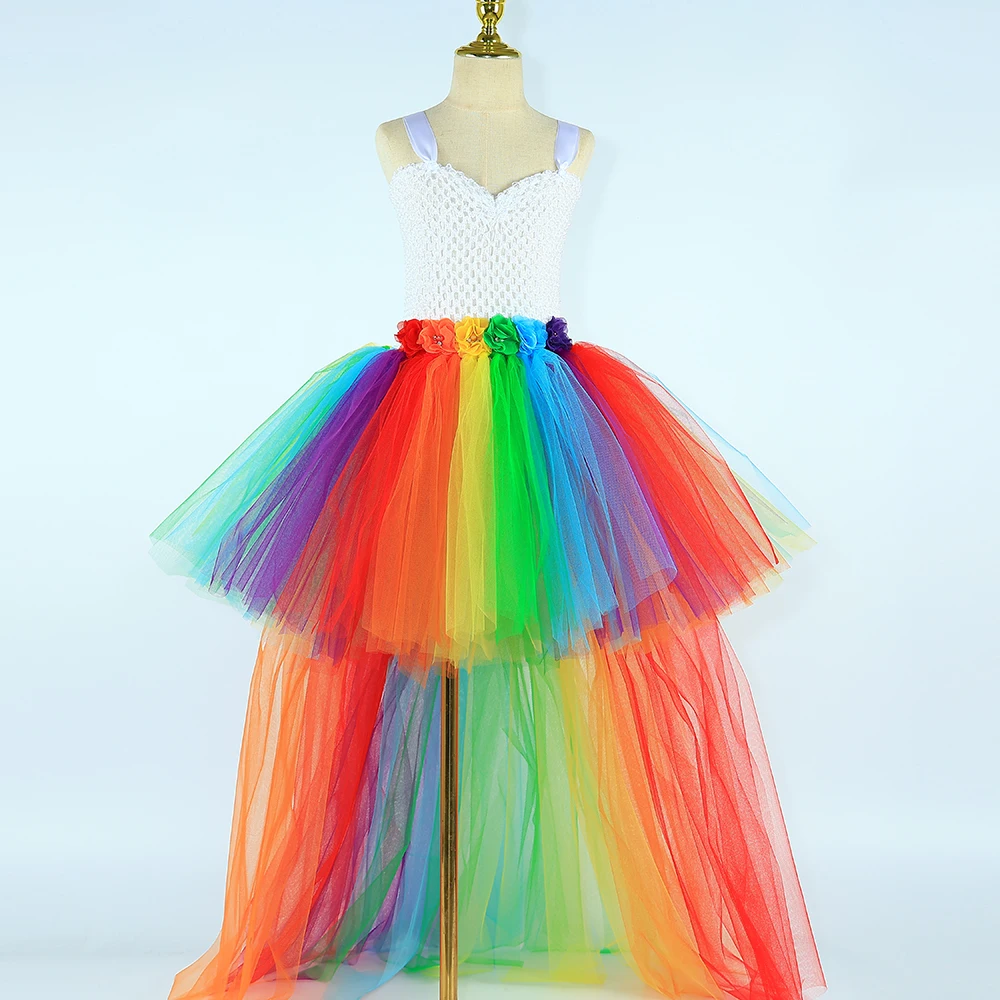 Rainbow Flowers Long Tutu Dress for Girls High Low Costume with Trail for Kids Halloween Birthday Outfit Girl Trailing Ball Gown