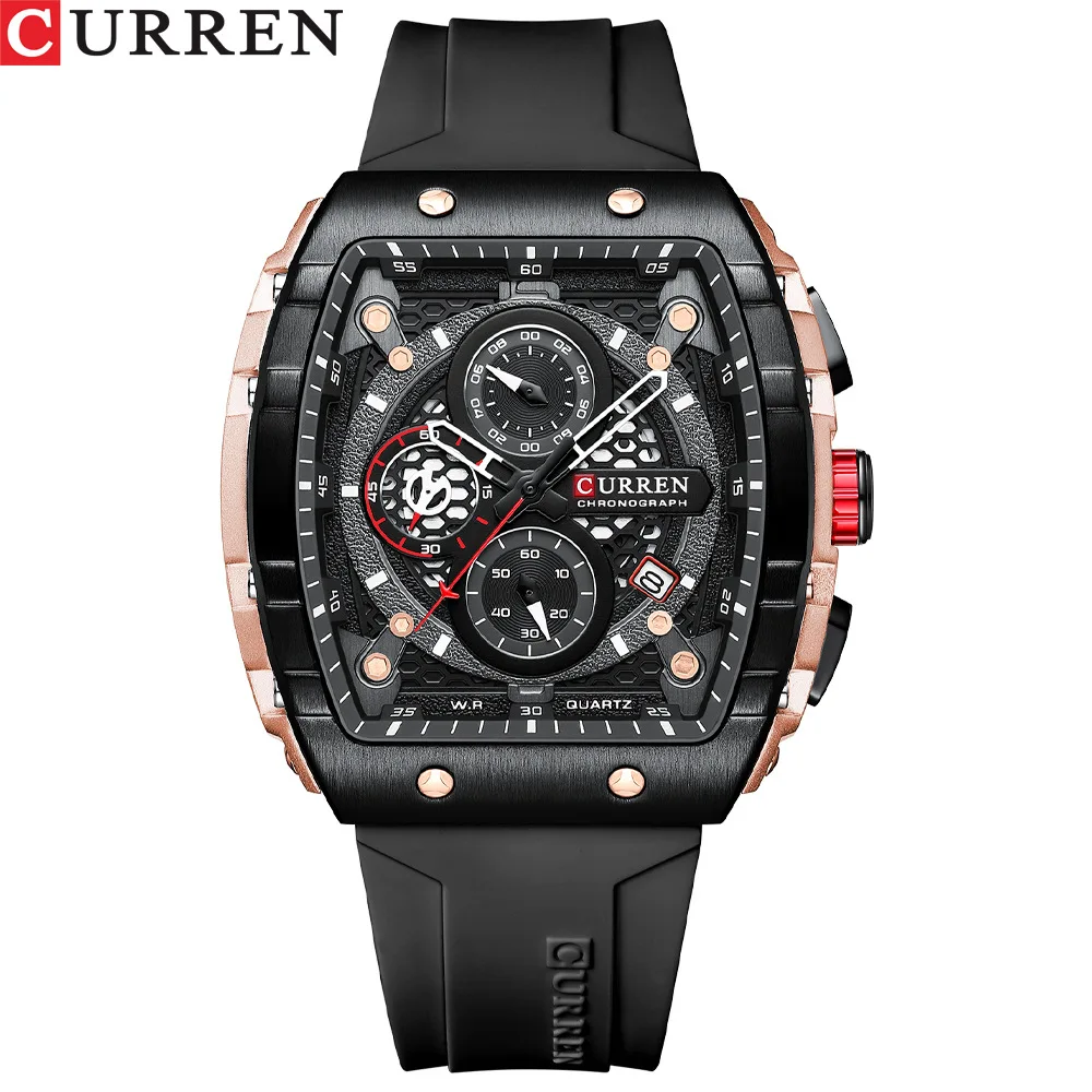 CURREN 8442 Quartz Watch Creative Cool Men Clock Outdoors Silicone Strap Date Chronograph Analog Display Wrist Watches for Men