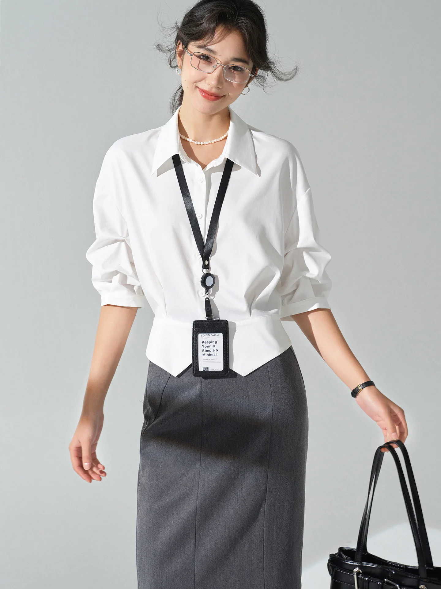 เสื้อเชิ้ตคอปกสีขาว แขน 3/4 ทรงเข้ารูป เอวแบบฝรั่งเศส กระชับเอว เสื้อทำงานสไตล์หรูหรา ติดกระดุม สำหรับใส่ทำงาน
