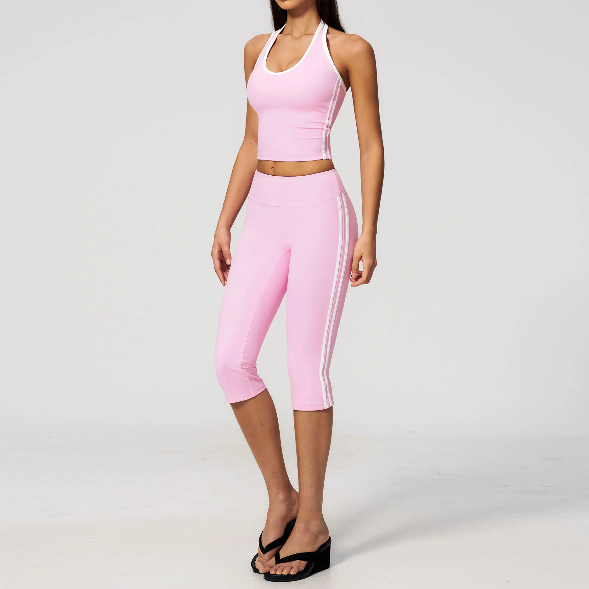Women Striped Halter Yoga Sets 2 Pcs Sleeveless Crop Tank Top High Waist Capri Leggings Sports Workout Gym Fitness Tracksuit