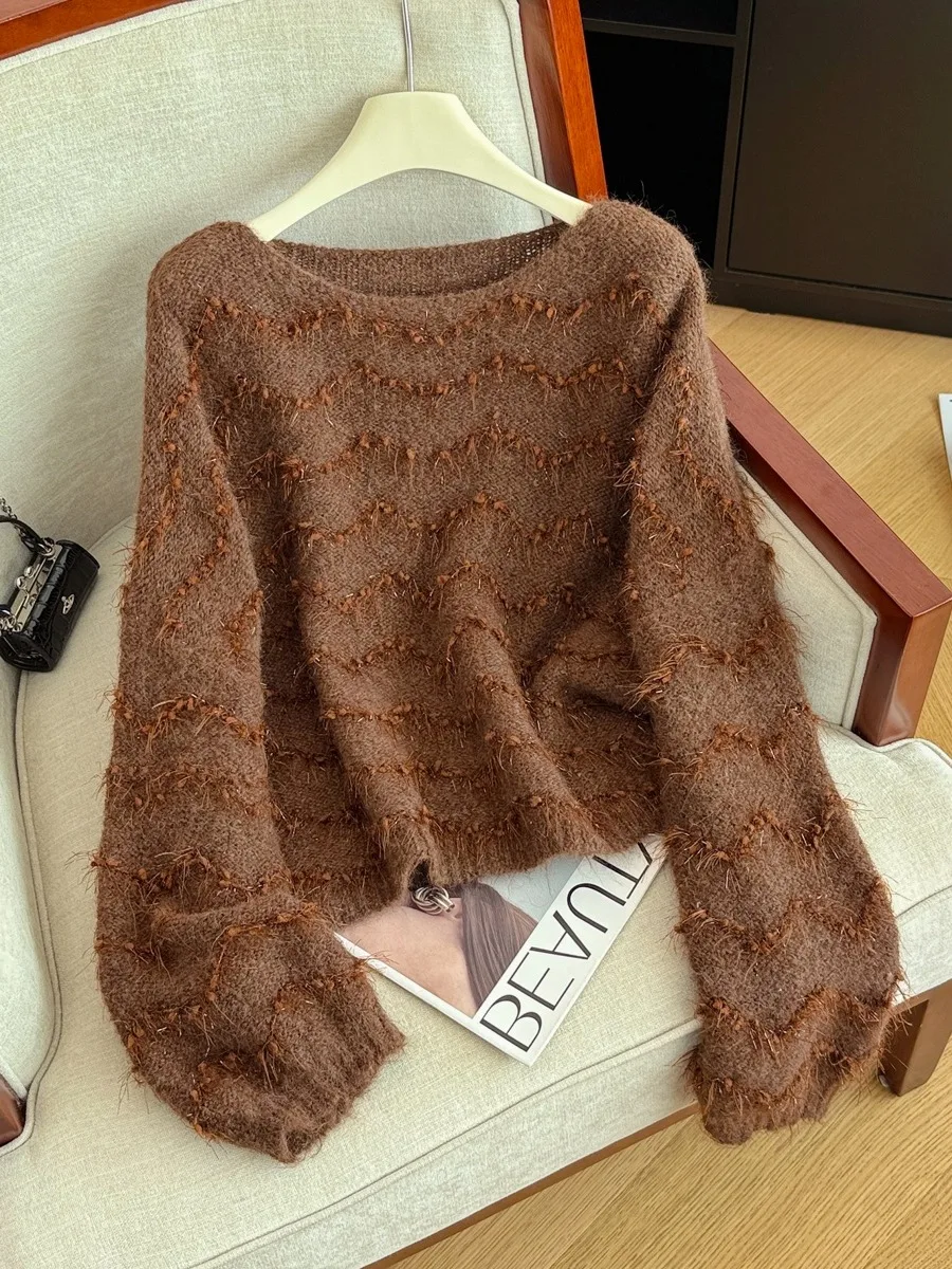 

Мягкий уютный кофейный вязаный свитер в стиле ретро, женский осенне-зимний свободный утягивающий теплый базовый слой, топ в Корейском стиле, для поездок на работу