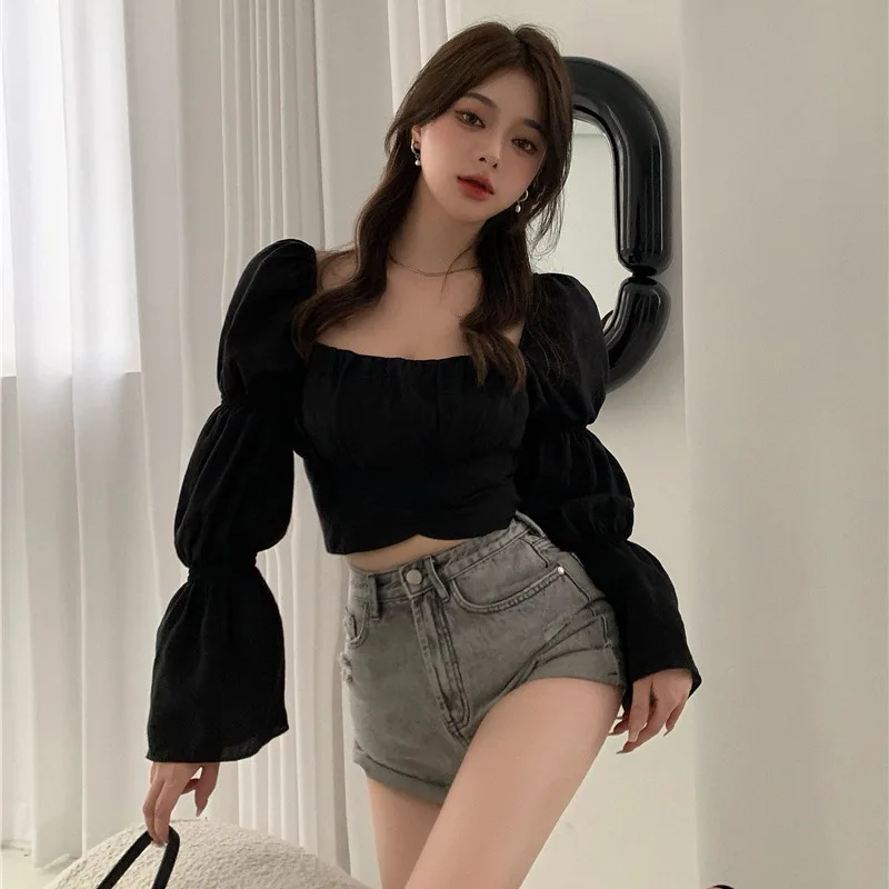 Long Sleeves Flare Sleeve Flowy Tops Women Sexy Blouse Solid Color Bowknot Design Square Collar Solid Color Versatile Elegant