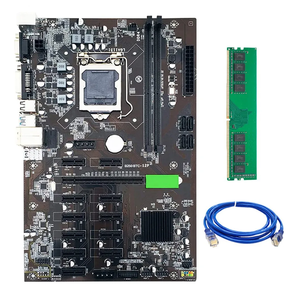 

B250 BTC Mining Motherboard LGA 1151 with DDR4 4GB 2666Mhz RAM+RJ45 Network Cable 12 PCIE BTC ETH Motherboard for Miner