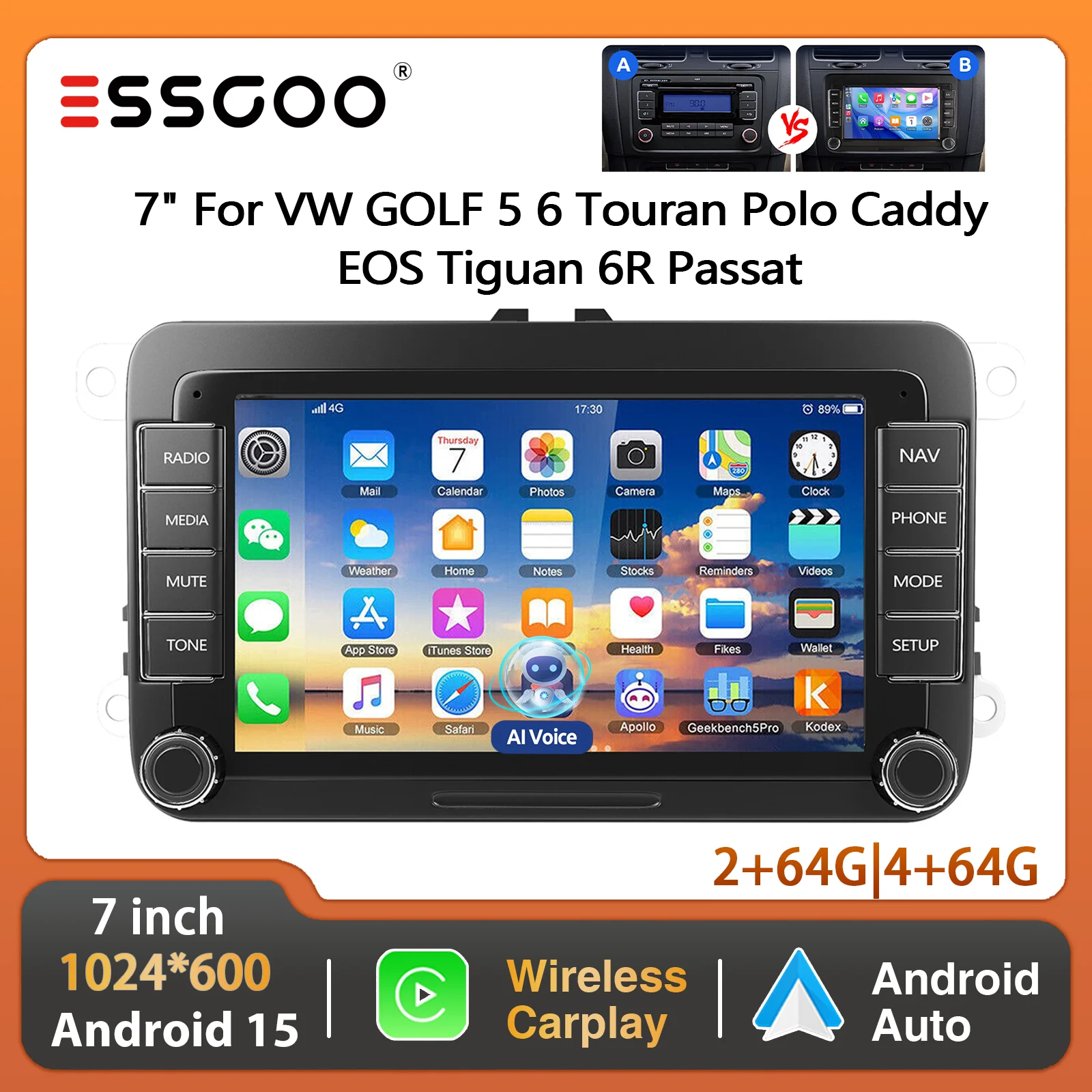 ESSGOO 7" Android 15 64GB Autoradio mit Wireless CarPlay, Android Auto, GPS-Navigation für VW Golf 5 6 Touran Polo Caddy EOS Tiguan 6R Passat Seat FM BT RDS SWC Mirror Link