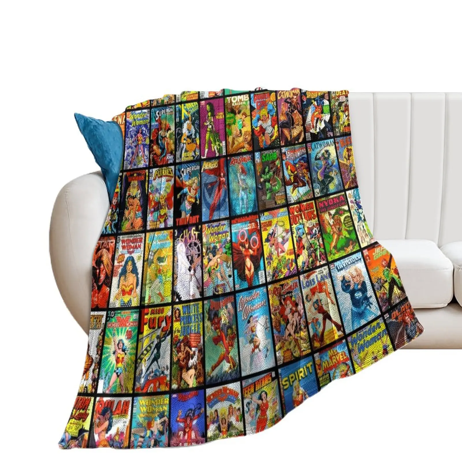 

Female Superhero Vintage Comic Book Collection Retro Pattern Throw Blanket valentine gift ideas anime Beautifuls Travel Blankets