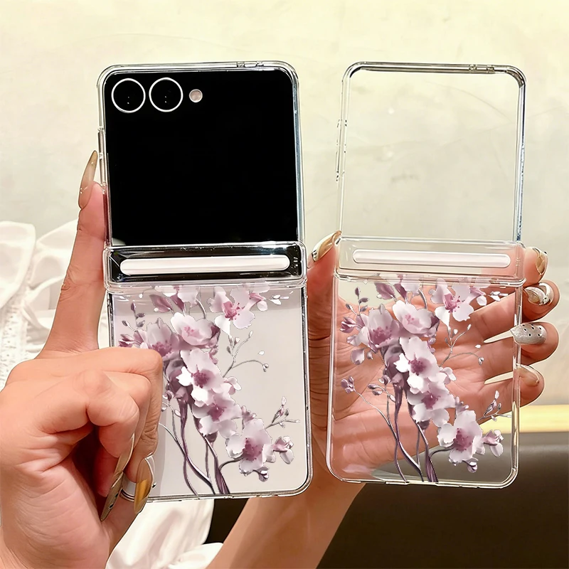 Peach Blossom Magnetic Hinge Protector Case For Samsung Galaxy Z Flip 7 FE 6 5 Flip6 Flip7 5G Transparent Hard PC Back Cover