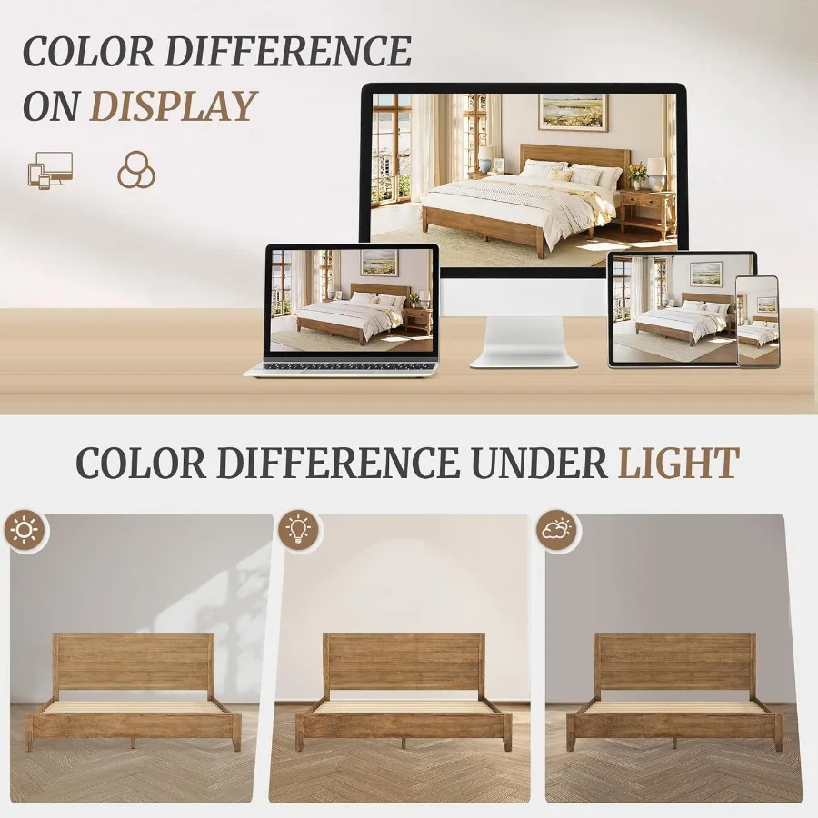 إطار سرير بحجم كوين مصنوع من خشب السنط مع لوح رأسي مدمج مثالي للاستخدام في غرفة النوم يدعم ما يصل إلى 800 رطل غير قابل للانزلاق والضوضاء #6