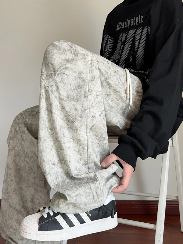 

Мужские осенние тонкие вельветовые брюки American Sle с эффектом тай-дай, широкие прямые штаны Haome, модные повседневные длинные брюки