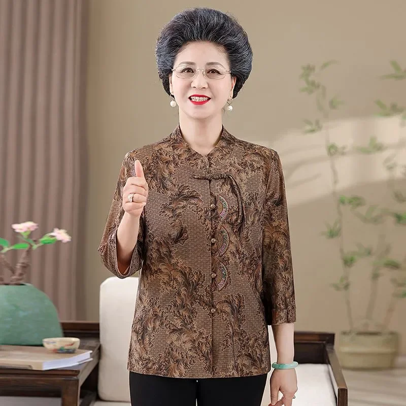 

Блузка в китайском стиле с воротником-стойкой для женщин среднего возраста, элегантный повседневный топ с принтом и рукавом до локтя