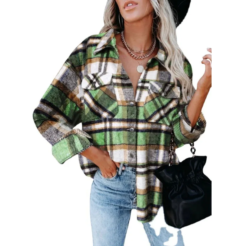 2023 Autumn and Winter Women\'s New Fashion Casual Checker Shirt Loose and Comfortable Versatile Woolen Flannel Button Up Coat