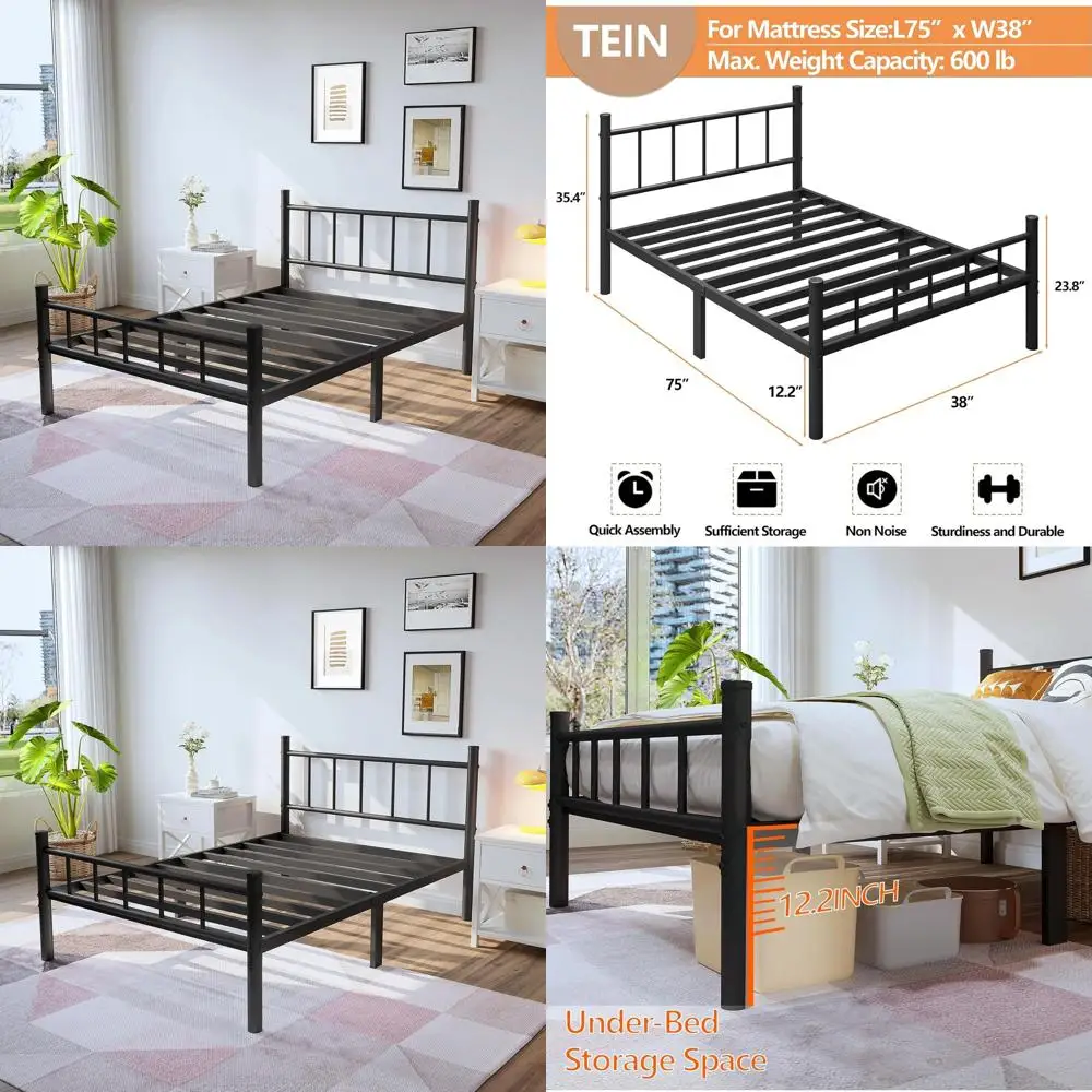 

Twin Metal Bed Frame with Headboard, Footboard, 14 Platform Support, Steel Slat, Storage, No Box Spring Needed