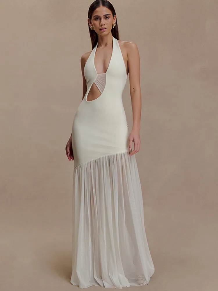 Sibybo Sexy Hollow Out Sleeveless Maxi Dress Women Halter V Neck Backless Patchwork Bodycon Elegant Dresses Female Party Vestido