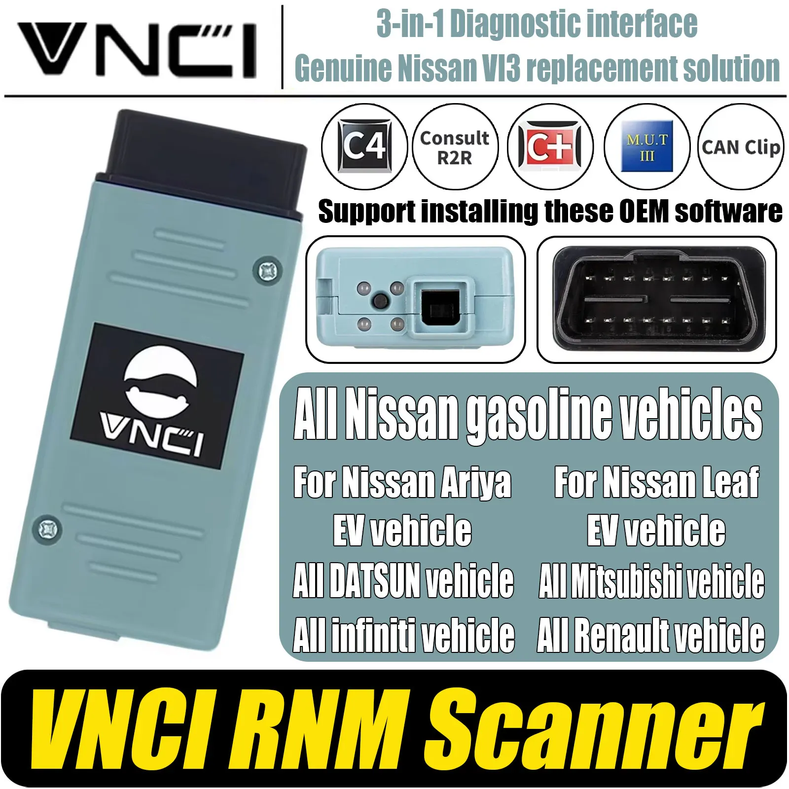 VNCI RNM Car Diagnostic Scanner for Infiniti/Nissan/Renault/Mitsubishi/DATSUN Diagnostic Support DoIP/CAN-FD OBD2 Scanner Tool