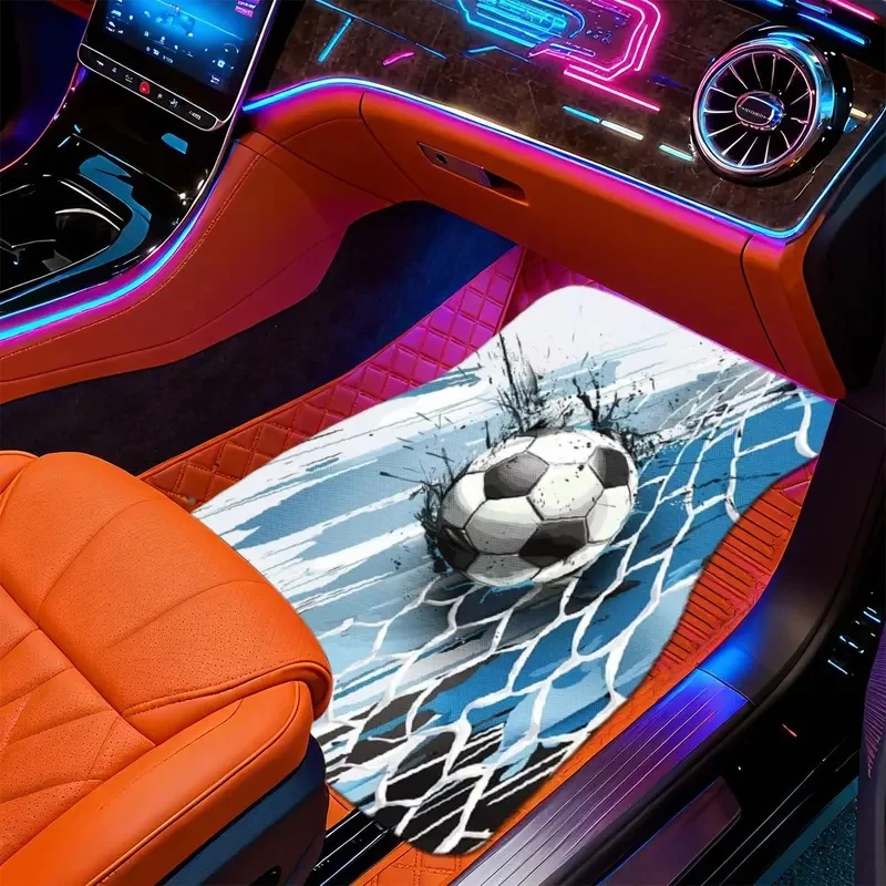 2D Flat, 4pcs Modern Minimalist Car Floor Mats With Dynamic Soccer Ball Goal Pattern - Compatible With Multiple Car Models, Easy