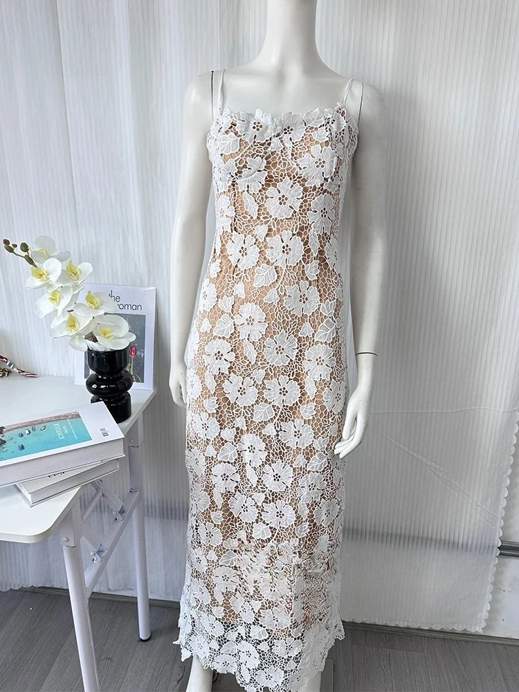KONDALA Vintage Sexy Chic dentelle femmes robe blanc solide sans manches fermeture éclair dos fourche Cami robes mode 2025 longue robe de soirée