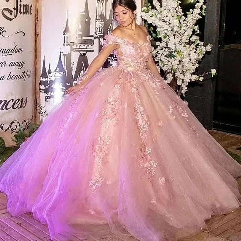 Vestido de baile rosa de mangas compridas, vestidos Quinceanera, apliques de renda, baile formal, 15 anos de aniversário