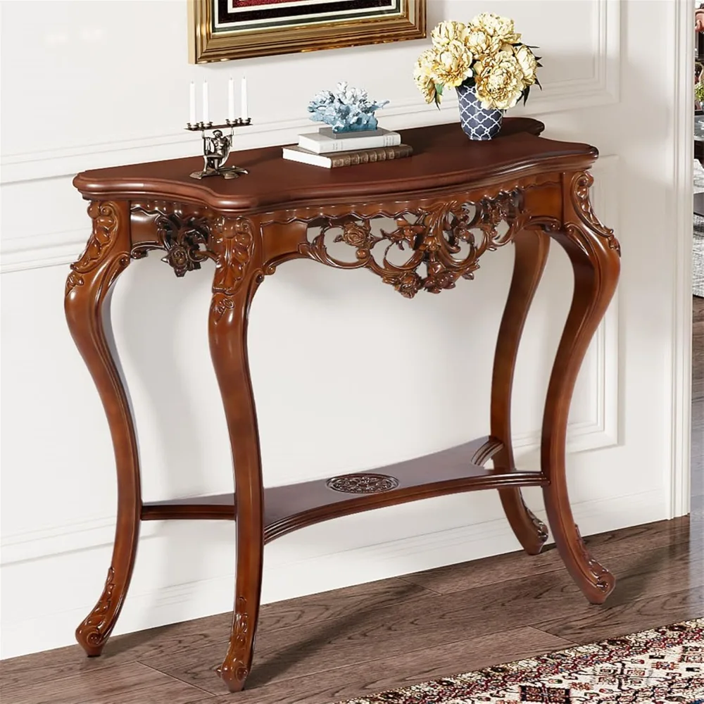 

Antique Console Table, 38 Inch Victorian Half Moon Sofa Table with Hollow Floral Apron and Cabriole Legs