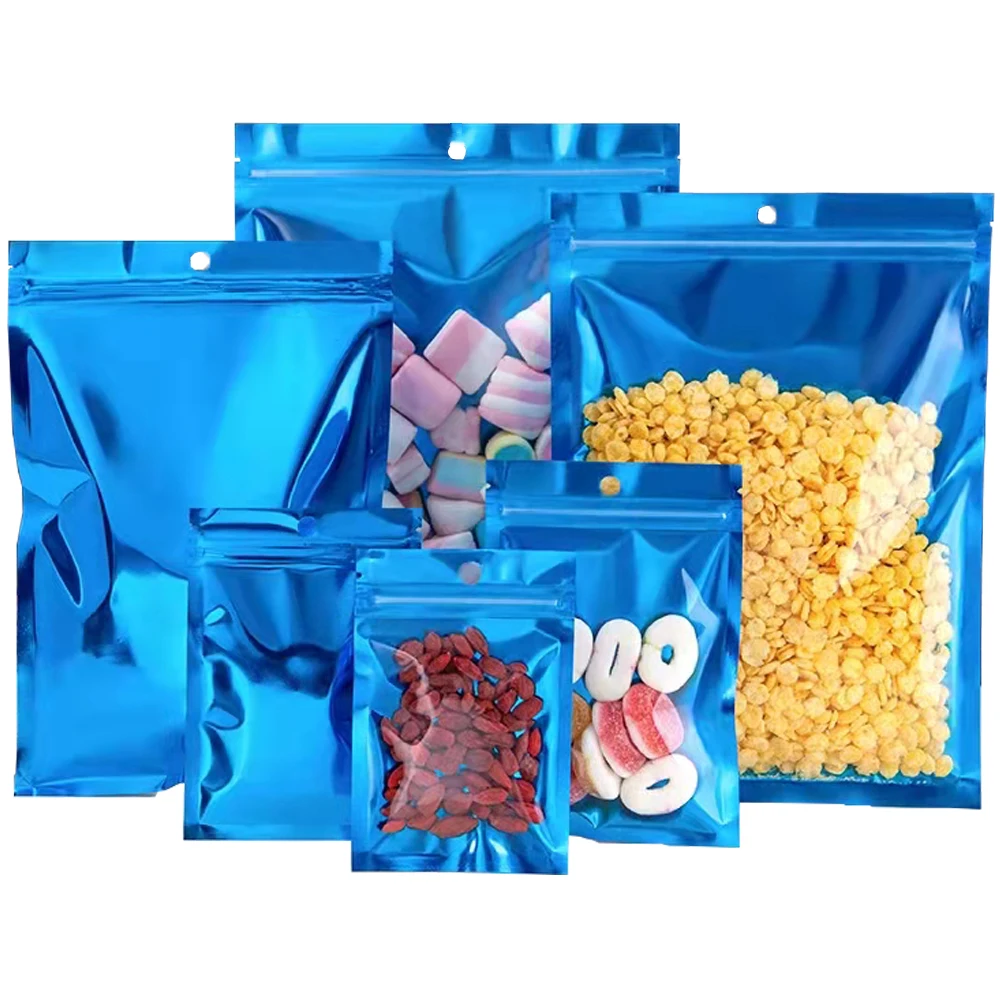 100Pcs/Lot Clear Blue Mylar Foil Bag with Hang Hole Zip Lock Grip Seal Tear Notch Reusable Reclosable Food Tea Chocolate Pouches