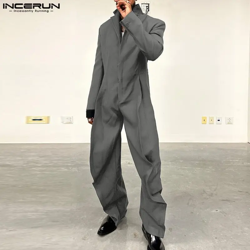 INCERUN Men Jumpsuits Solid Color Lapel Long Sleeve Loose Casual Rompers Men Streetwear 2024 Fashion Oversize Overalls S-5XL