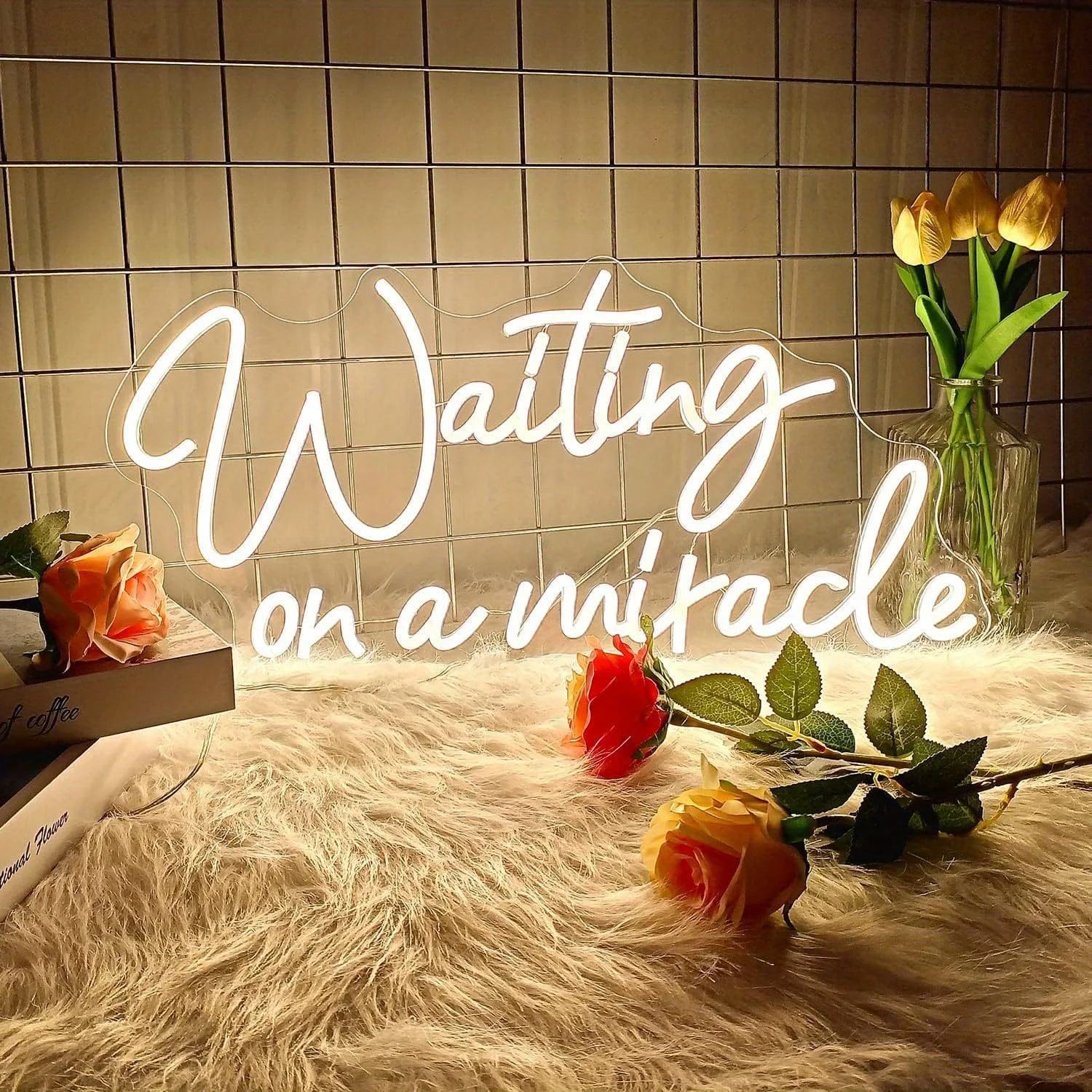 Waiting On A Miracle Warm White LED Neon Sign Inspirational Bedroom Wall Art Hopeful Quote USB Powered Housewarming Gift