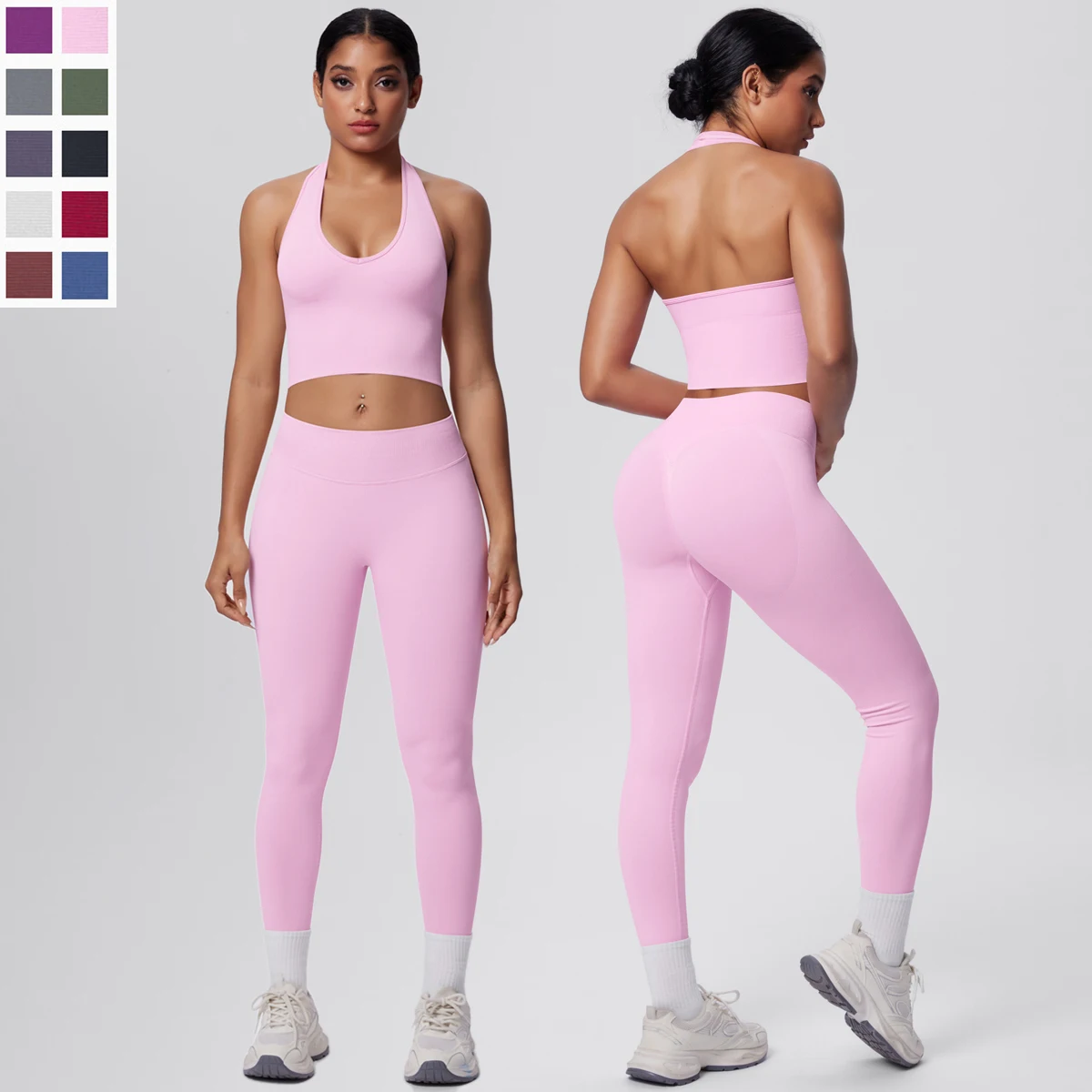 

Women Gym Yoga Set Sport Leggings Peach Butt Yoga Pants Breathable Beautiful Back Solid Color Hanging Neck Bra Tank Top Yoga Set