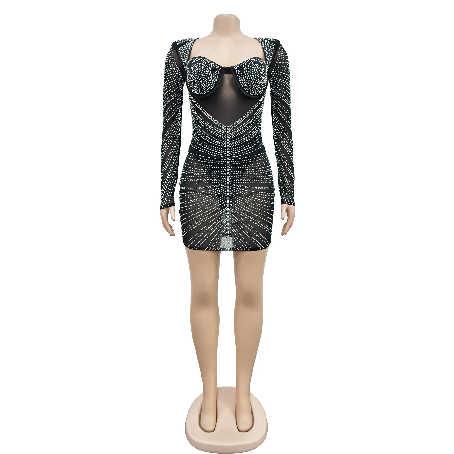 Sparkle strass Sheer Mesh ferretto Mini abito autunno Chic donna nero See Through Crystal Party Dress Night Out Robes