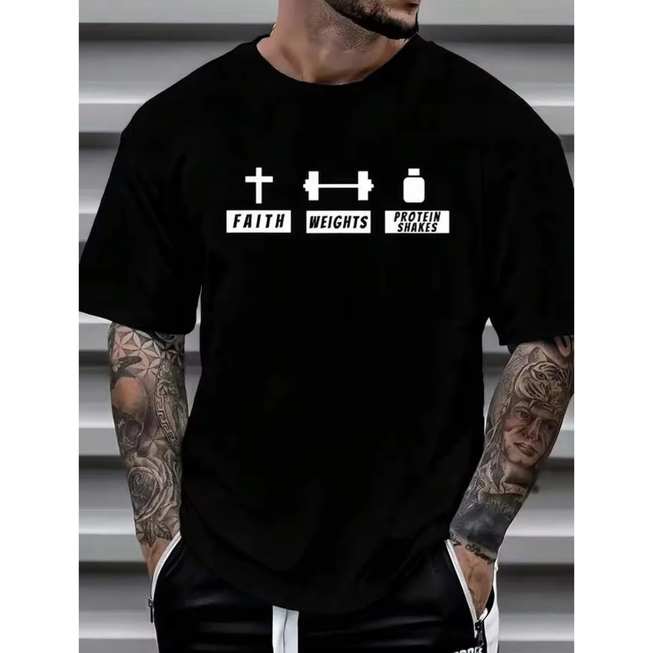1pc Man's Faith Weights Protein Print Black TShirt Crew Neck Casual Cotton Tee Medium Stretch Knit Fabric Regular Fit For Boys Man Perfect For //