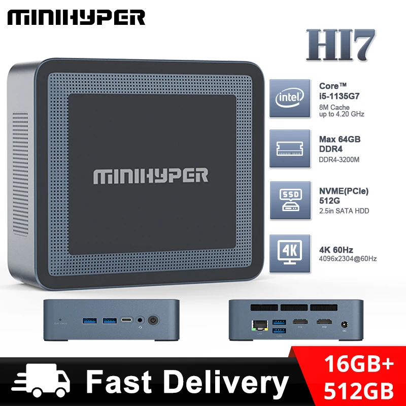 MiniHyper HI7 Mini PC processori Intel Core i5 di 11a generazione 1135 g7 DDR4-3200M 16GB di archiviazione SSD NVME 512GB WIFI 6 DC Jack HDMI