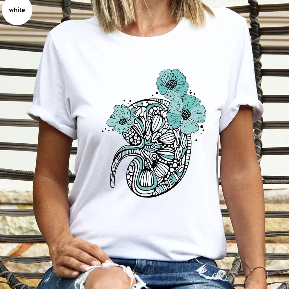 Floral Kidney Anatomy Graphic Shirt Boho Kidney Disease Support T-Shirt Aesthetic Dialysis Nurse Gift Tops Tees