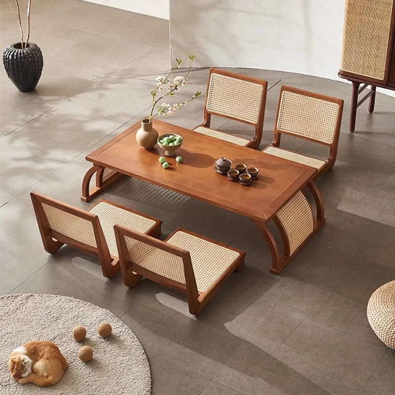 

Solid wood rattan coffee room tatami table and chair set dining table set floor chair