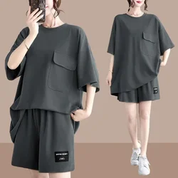 Women Shorts Sets Short Sleeve T-Shirt+Pants 2Pcs Suit Pocket Summer Casual Loose Tracksuit Solid Color Female Sport Outfit