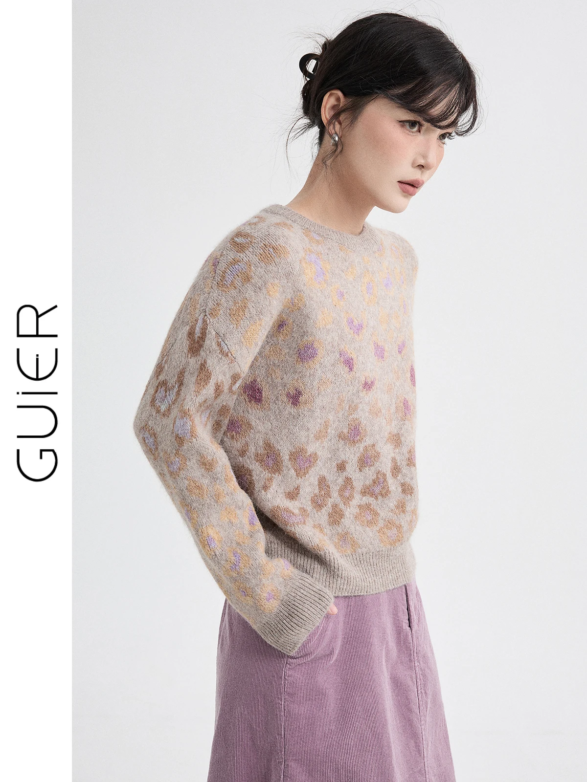 

Женский повседневный вязаный свитер Adient Fce с леопардовым принтом, фиолетовый, с дизайном на плечах, укороченный