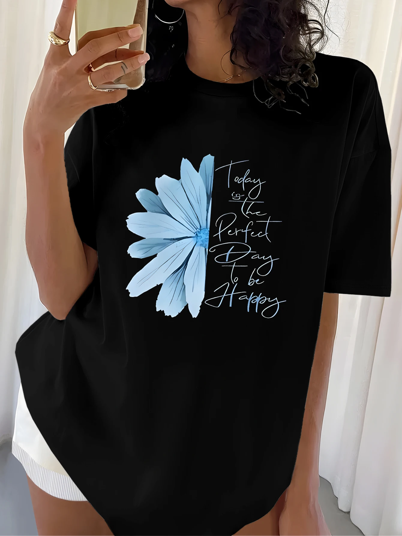 Plus size topos roupas femininas inspirador-estilo preto camiseta com estampa de motivo de flores, macio e confortável, roupas de verão