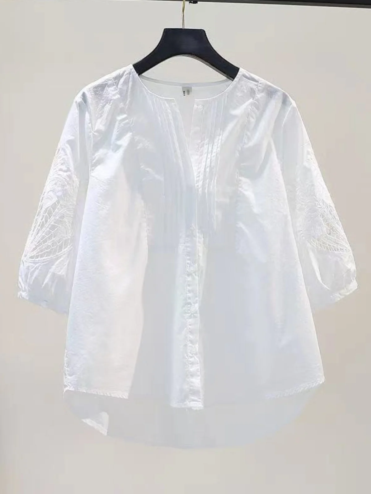 

Lace Embroidered Loose Fit Cotton irt Women's round Ne Seven Sve White Summer Korean Sle Fre Top Breathable Comfor...
