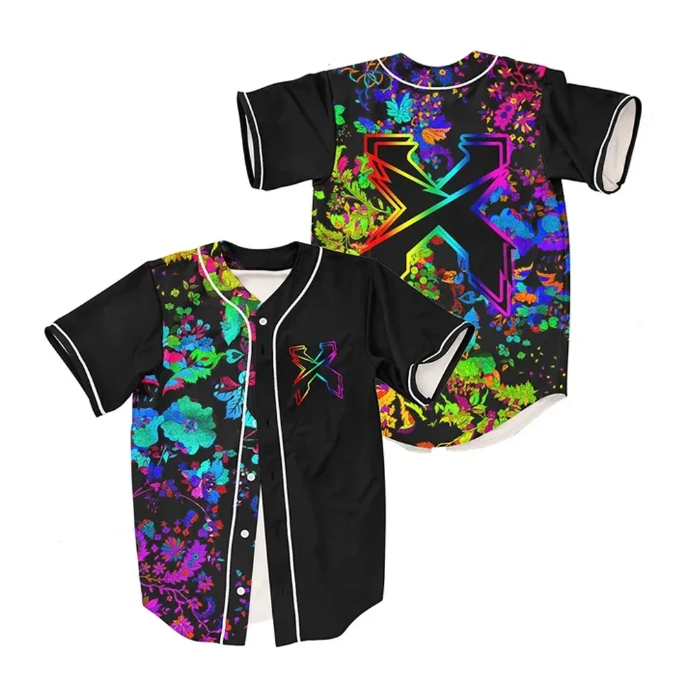 Excision Trippy Floral Rave V-Neck Baseball Jersey Shirt Purple/Black Gradient Short Sleeve Women Men Clothes