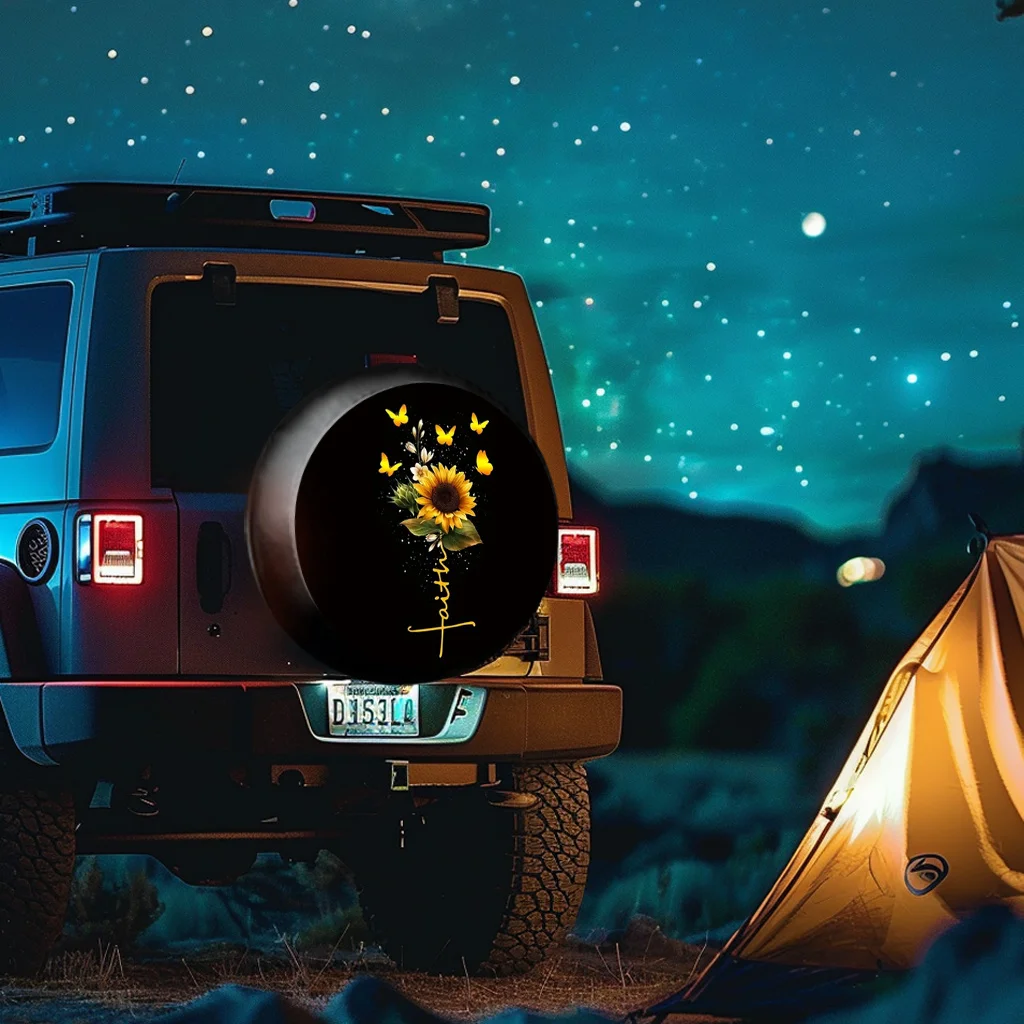 Sunflower Faith Butterflies Spare Tire Cover Waterproof All Weather Protector