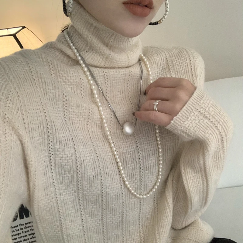 Autumn/Winter Women\'s Sweater Turtleneck Long-Sleeved 100% Merino Wool Knit Pullover Sweater With One-Line Knot Needle Warm Base