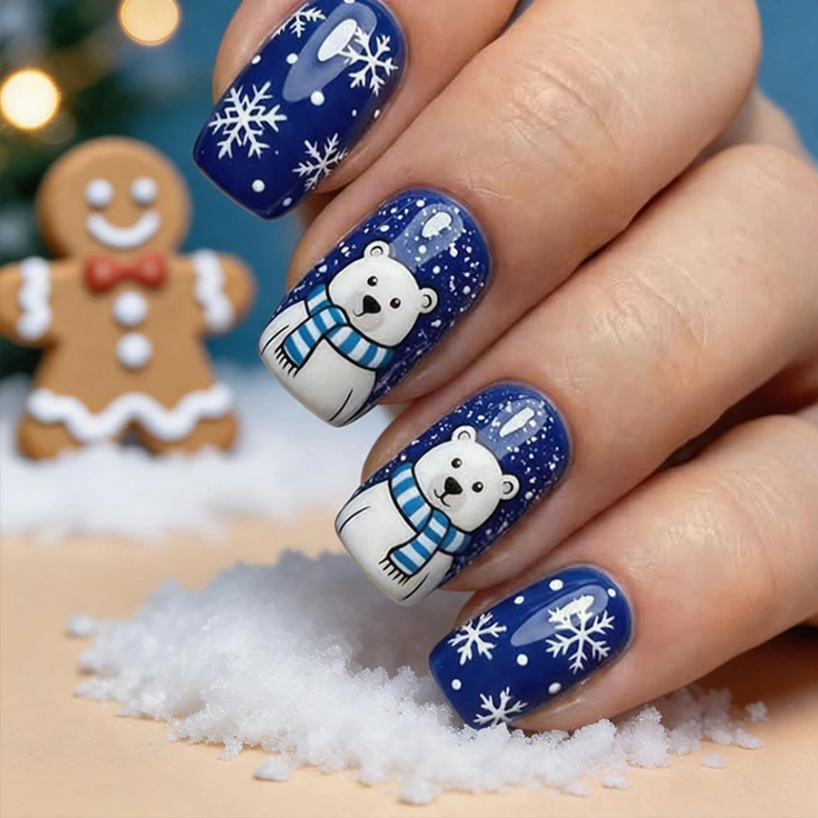 24-Piece Set of Winter Christmas Polar Bear Snowflake Press-On Nails, Blue Base Cartoon Fake Nails, Complete Set with Jelly Glue Nail Stickers and Nail File