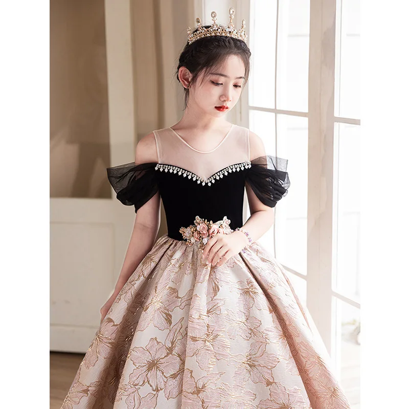 

Girls' Princess Flower Girl Dress - Sheer Off - Shoulder Velvet Top with Rhinestone Trim Gold - Patterned Ball Gown for Wedding