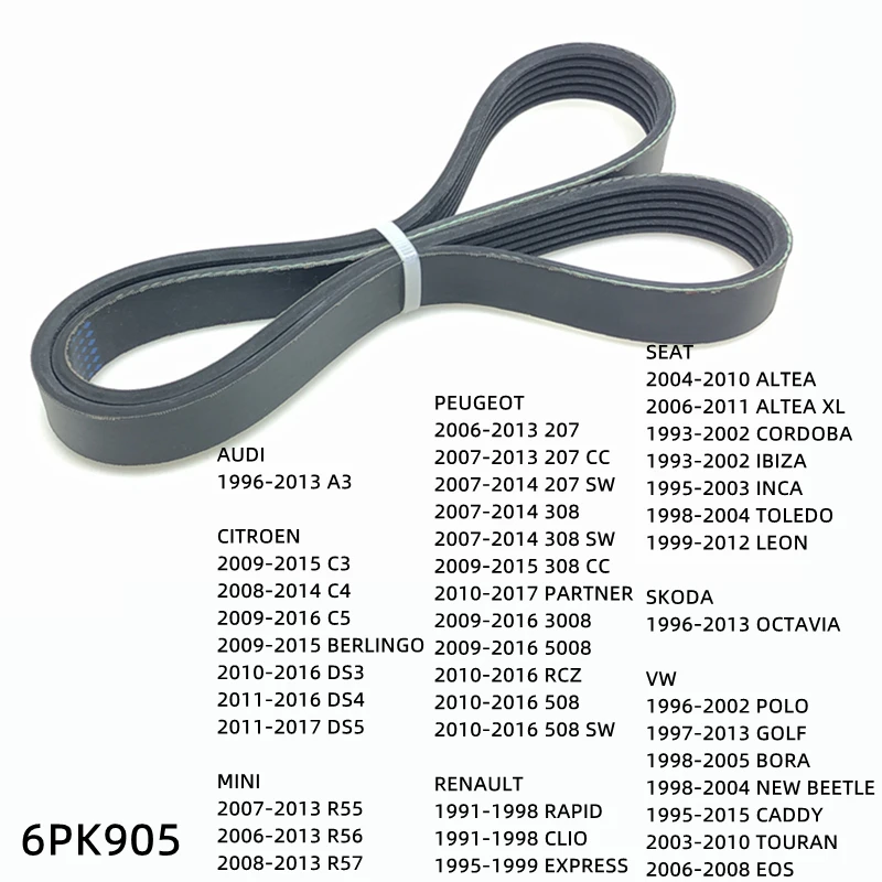 6PK905 Engine Air Conditioner Belt V-Ribbed Belts Drive For PEUGEOT 207 308 CC 508 SW PARTNER 3008 5008 RCZ RENAULT RAPID CLIO