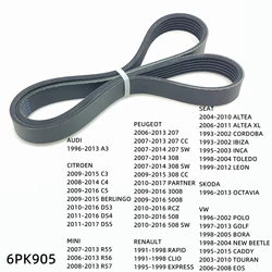 6PK905 Engine Air Conditioner Belt V-Ribbed Belts Drive For PEUGEOT 207 308 CC 508 SW PARTNER 3008 5008 RCZ RENAULT RAPID CLIO