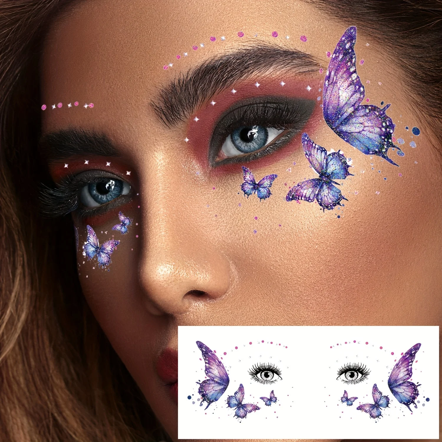 

10 шт. наклеек-тату для лица, дизайн с блестящими бабочками, водонепроницаемые реалистичные временные татуировки, подходят для вечеринок, концертов и танцевальных выступлений