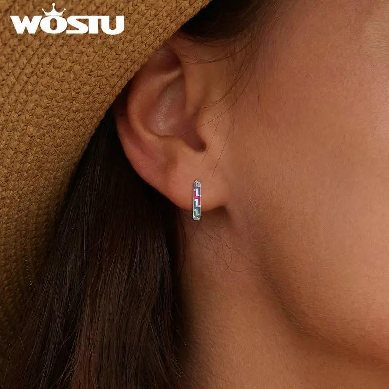 WOSTU 925 Sterling Silver Unique Luminous Neon Cyber Punk Hoop Earrings For Women Girl Rainbow Color Ear Buckle Glow in the Dark