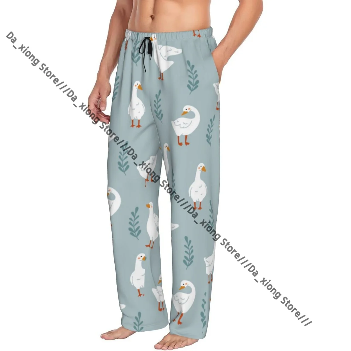 Cute White Gooses And Leaves Scandinavian Geese Pattern Mens Pajamas Pyjamas Pants Lounge Pants Sleep Bottoms