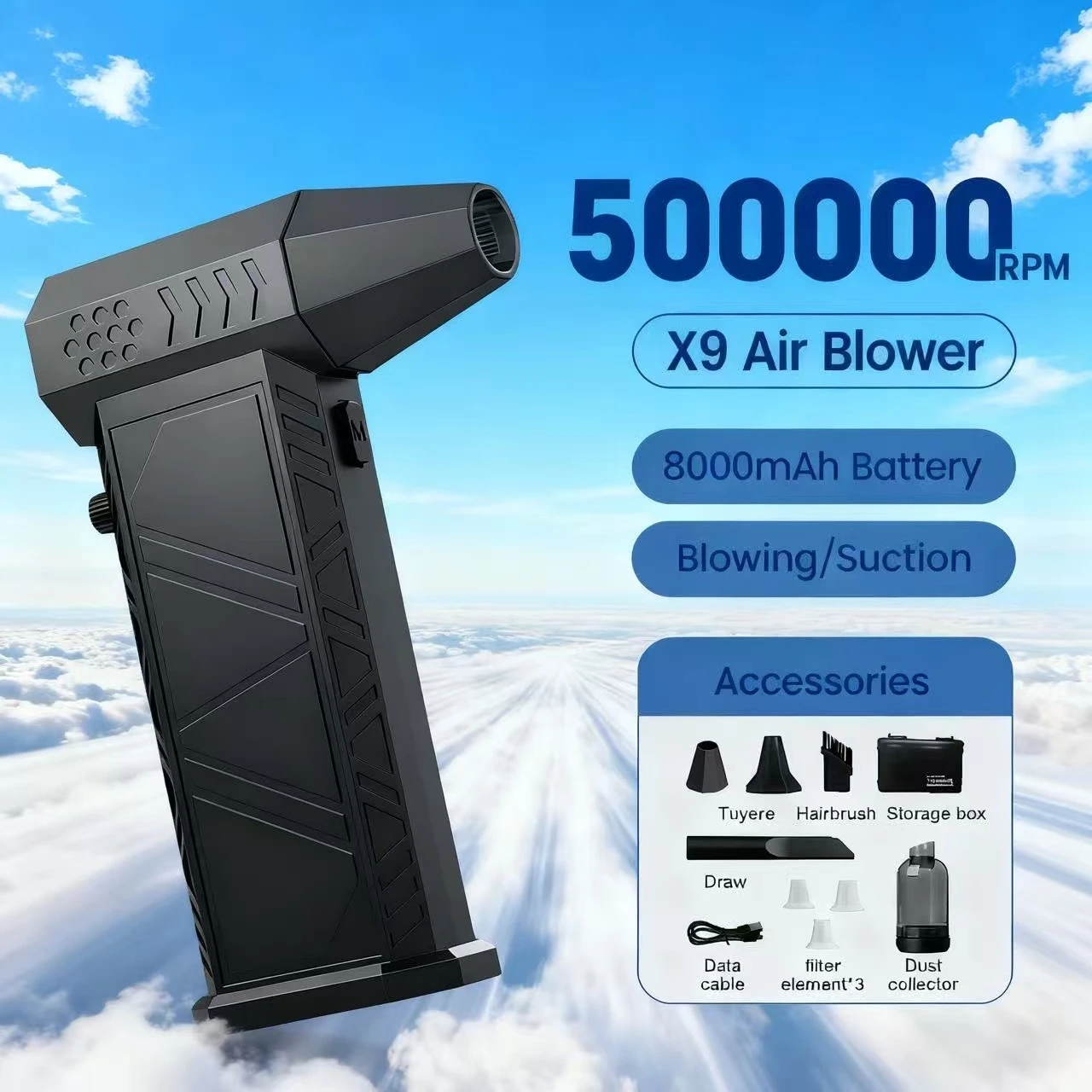 500000RPM Turbo Jet Blower Vacuum X9 High Speed Air Blower Wireless Compressed Air Duster Portable Turbo Fan Jet Dust Blowing