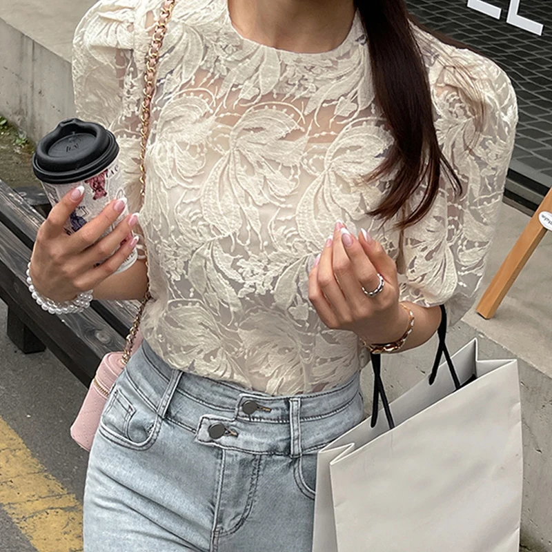 Embroidery Lace Blouse with Lining Two Piece Sets for Women Summer Korean See Through 2023 Sexy Mesh Elegant Tops Shirts 26727