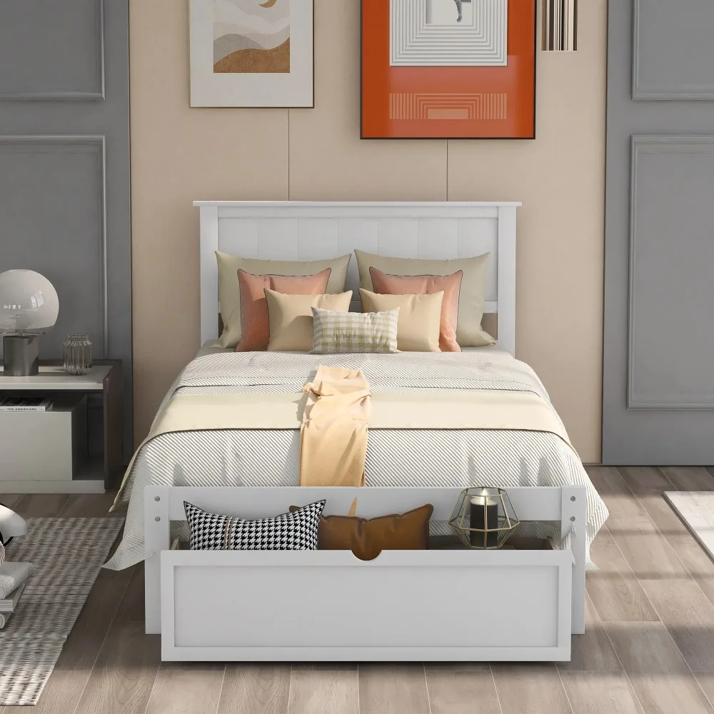 

Twin Bed with Storage, Heavy Duty Wood Platform Bed Frame with Headboard and Under-bed Drawer, Space Saving, Twin Size Bed